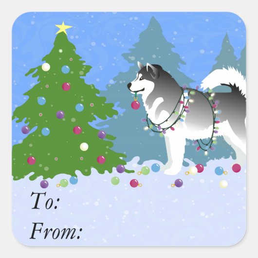Alaskan Malamute die kerstboom decorreert Vierkante Sticker (Voorkant)