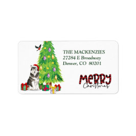 Alaskan Malamute Dog en kerstboom Etiket