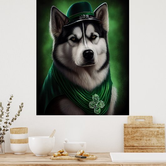 Alaskan Malamute dog in St. Patrick's Day Dress Poster (Keuken)