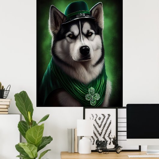 Alaskan Malamute dog in St. Patrick's Day Dress Poster (Thuiskantoor)