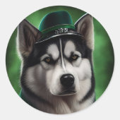 Alaskan Malamute dog in St. Patrick's Day Dress Ronde Sticker (Voorkant)