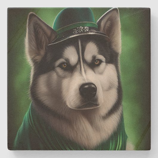 Alaskan Malamute dog in St. Patrick's Day Dress Stenen Onderzetter (Voorkant)