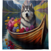 Alaskan Malamute Dog op Paddle: Een Schilderachtig Douchegordijn (Voorkant)