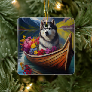 Alaskan Malamute Dog op Paddle: Een Schilderachtig Keramisch Ornament