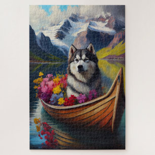 Alaskan Malamute Dog op Paddle: Een Schilderachtig Legpuzzel