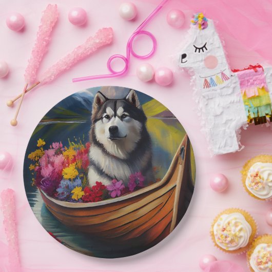 Alaskan Malamute Dog op Paddle: Een Schilderachtig Papieren Bordje (Feest)