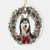 Alaskan Malamute Dog Red Bow Pinecone Wreath Keramisch Ornament (Links)