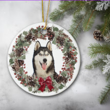 Alaskan Malamute Dog Red Bow Pinecone Wreath