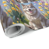 Alaskan Malamute Dog Spring Bloemen Schilderen Cadeaupapier (Rol Hoek)