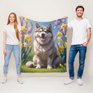 Alaskan Malamute Dog Spring Bloemen Schilderen Fleece Deken