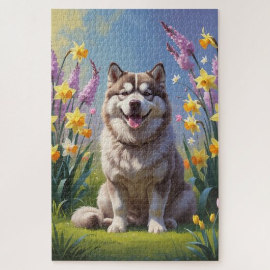 Alaskan Malamute Dog Spring Bloemen Schilderen Legpuzzel (Verticaal)
