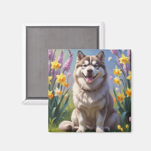 Alaskan Malamute Dog Spring Bloemen Schilderen Magneet (Voorkant / Achterkant)