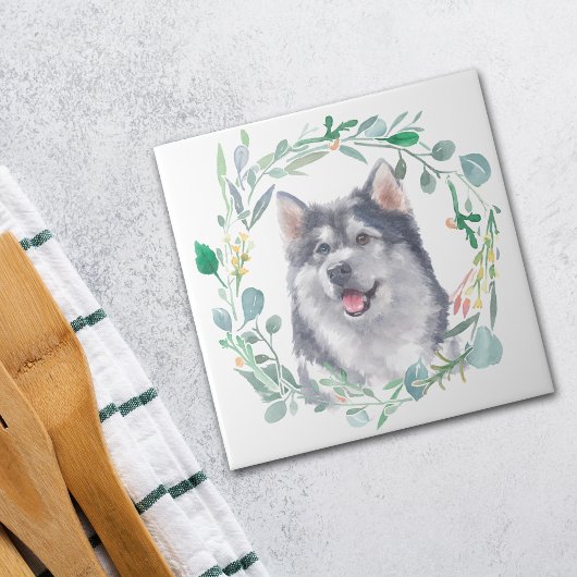 Alaskan Malamute Dog Waterverf Wreath Tegeltje