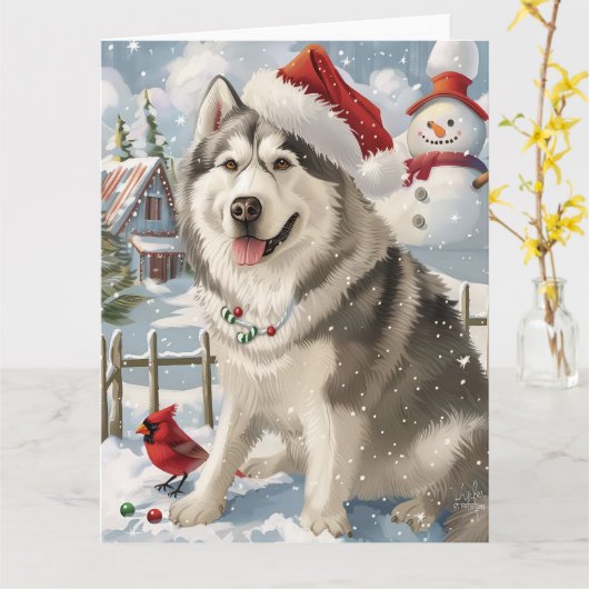 Alaskan Malamute Dog Winter Wonderland Kerstmis Kaart (Gele Bloem)