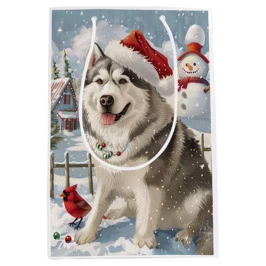 Alaskan Malamute Dog Winter Wonderland Kerstmis Medium Cadeauzakje (Voorkant)