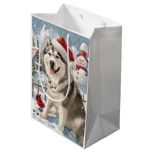 Alaskan Malamute Dog Winter Wonderland Kerstmis Medium Cadeauzakje (Achterkant Gekanteld)