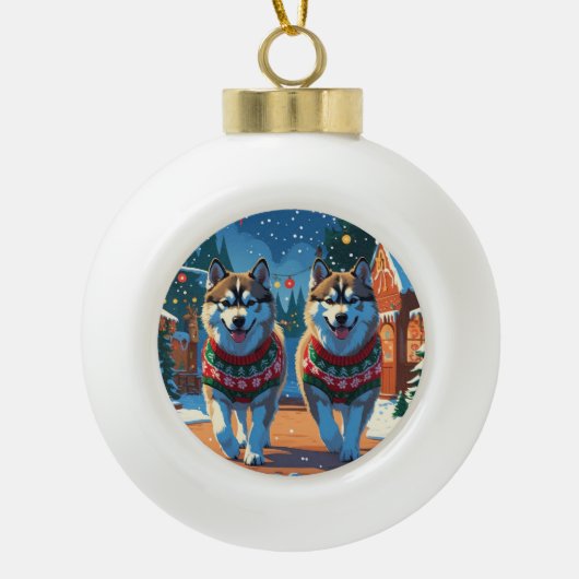 Alaskan Malamute Dogs Christmas Snow Holiday  Keramische Bal Ornament (Voorkant)