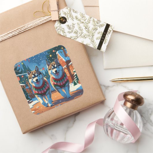 Alaskan Malamute Dogs Christmas Snow Holiday  Vierkante Sticker (Geschenken)