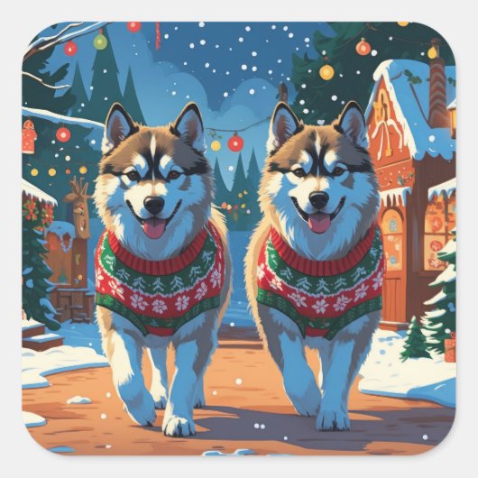 Alaskan Malamute Dogs Christmas Snow Holiday  Vierkante Sticker (Voorkant)