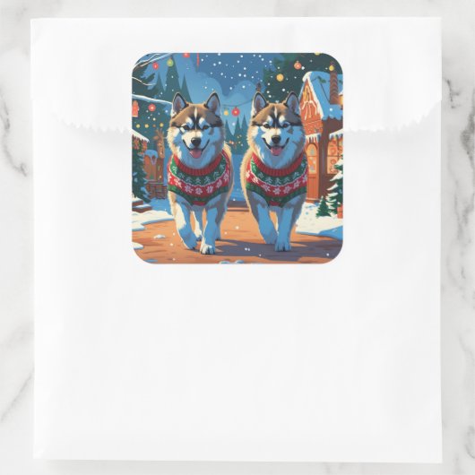 Alaskan Malamute Dogs Christmas Snow Holiday Vierkante Sticker (Tas)