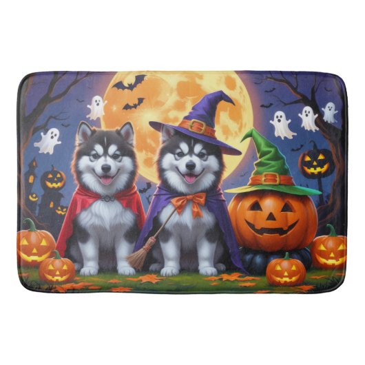 Alaskan Malamute Dogs Pompoen Halloween Grappig Badmat (Voorkant)