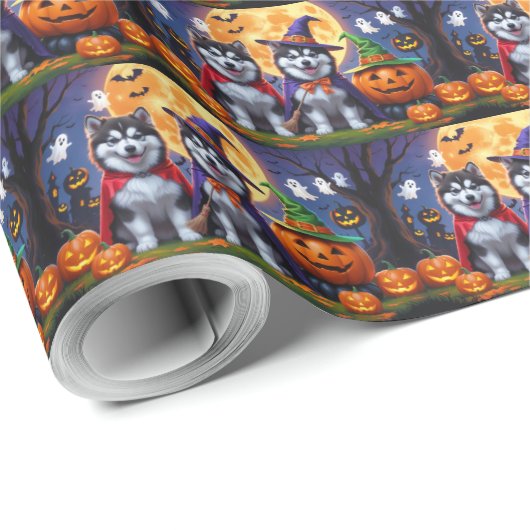 Alaskan Malamute Dogs Pompoen Halloween Grappig Cadeaupapier (Rol Hoek)