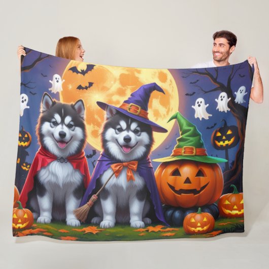Alaskan Malamute Dogs Pompoen Halloween Grappig Fleece Deken (In situ)