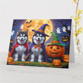 Alaskan Malamute Dogs Pompoen Halloween Grappig Kaart (Gele Bloem)