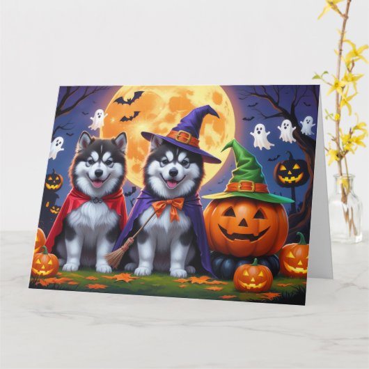 Alaskan Malamute Dogs Pompoen Halloween Grappig Kaart (Gele Bloem)