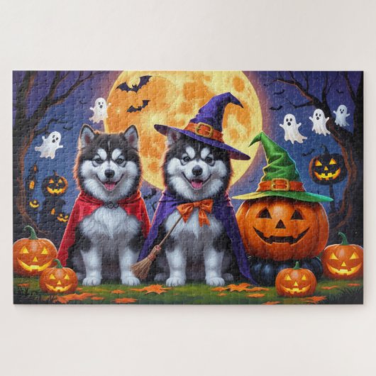 Alaskan Malamute Dogs Pompoen Halloween Grappig Legpuzzel (Horizontaal)