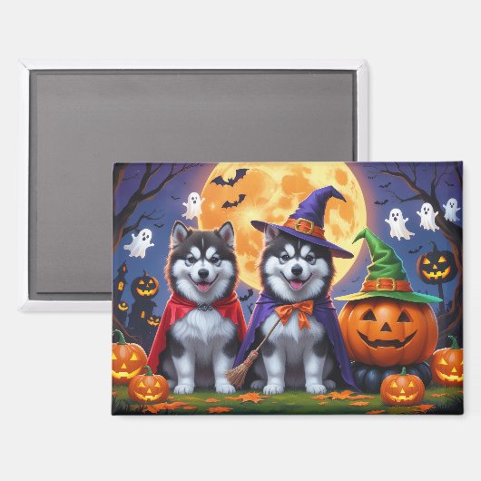 Alaskan Malamute Dogs Pompoen Halloween Grappig Magneet (Voorkant / Achterkant)