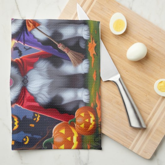 Alaskan Malamute Dogs Pompoen Halloween Grappig Theedoek (Quarter Fold)