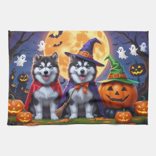 Alaskan Malamute Dogs Pompoen Halloween Grappig Theedoek (Horizontaal)