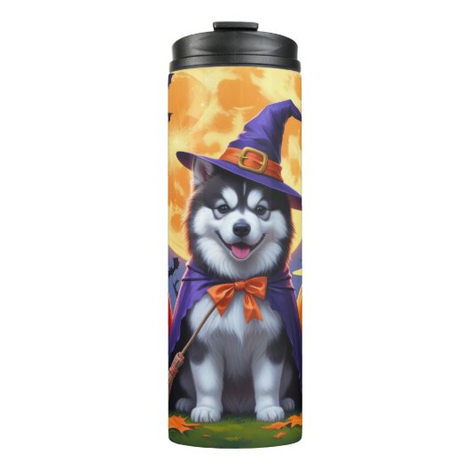 Alaskan Malamute Dogs Pompoen Halloween Grappig Thermosbeker (Voorkant)