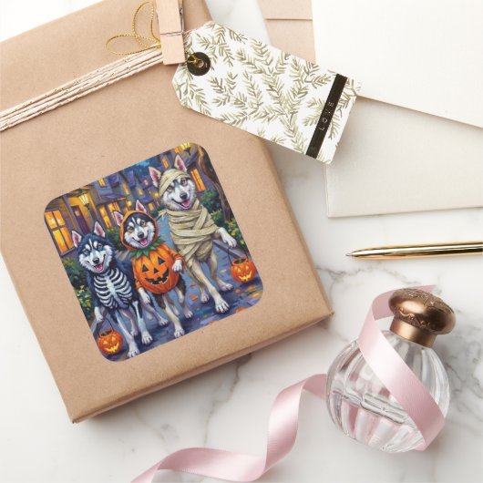 Alaskan Malamute Dogs Trick-or-Treating Halloween Vierkante Sticker (Geschenken)