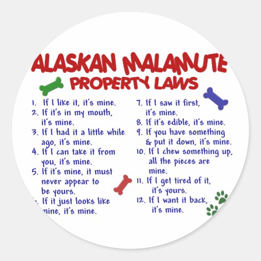 ALASKAN MALAMUTE Eigendomwetten 2 Ronde Sticker (Voorkant)