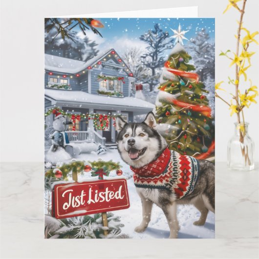 Alaskan Malamute Feestelijke Humor Realtor Christm Kaart (Gele Bloem)
