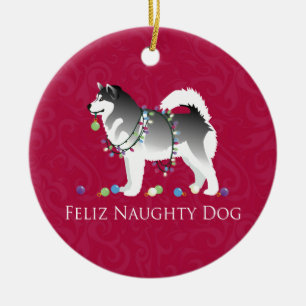 Alaskan Malamute Feliz Naughty Dog Kerstmis Keramisch Ornament