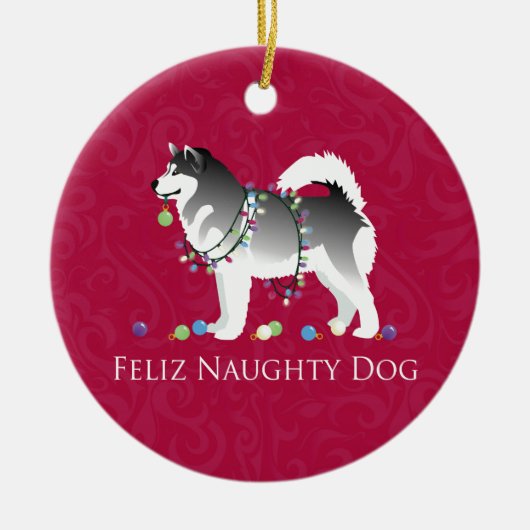 Alaskan Malamute Feliz Naughty Dog Kerstmis Keramisch Ornament (Voorkant)