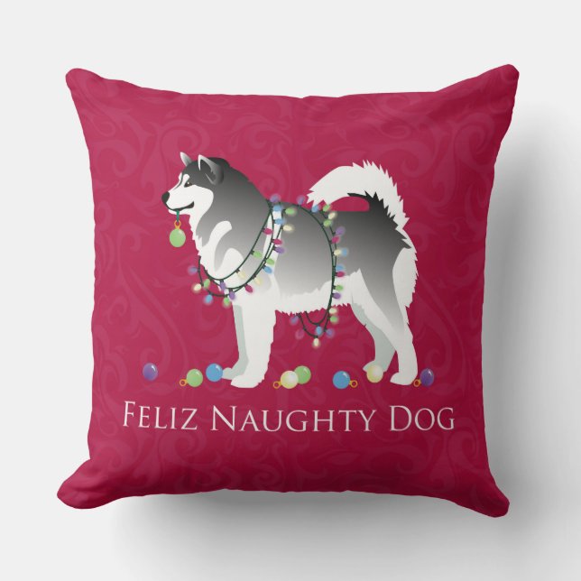 Alaskan Malamute Feliz Naughty Dog Kerstmis Kussen (Voorkant)