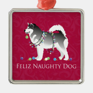 Alaskan Malamute Feliz Naughty Dog Kerstmis Metalen Ornament