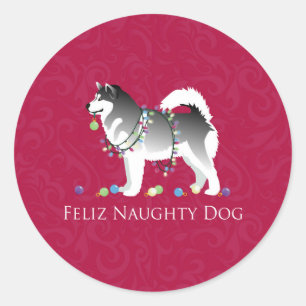 Alaskan Malamute Feliz Naughty Dog Kerstmis Ronde Sticker