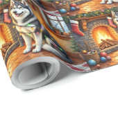 Alaskan Malamute Fireplace with Christmas Lights Cadeaupapier (Rol Hoek)