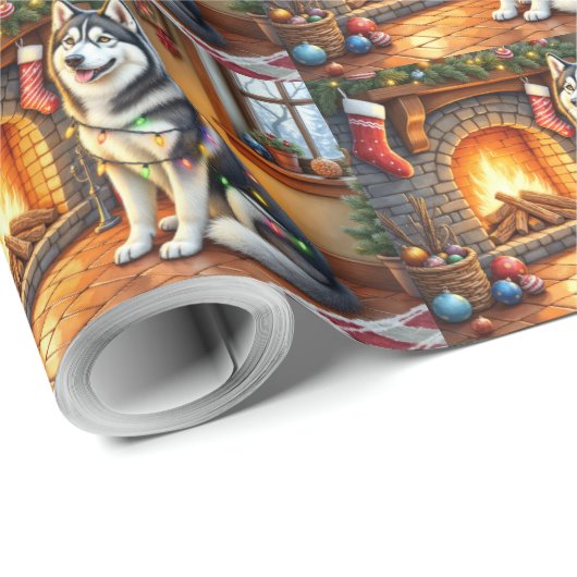 Alaskan Malamute Fireplace with Christmas Lights Cadeaupapier (Rol Hoek)