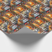 Alaskan Malamute Fireplace with Christmas Lights Cadeaupapier (Hoek)