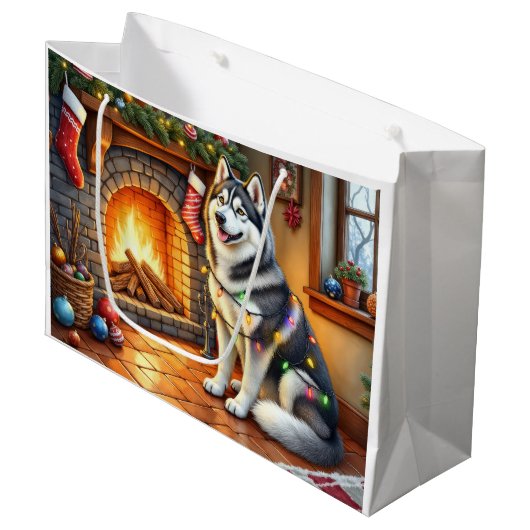 Alaskan Malamute Fireplace with Christmas Lights Groot Cadeauzakje (Voorkant Gekanteld)