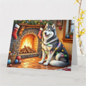 Alaskan Malamute Fireplace with Christmas Lights Kaart (Gele Bloem)