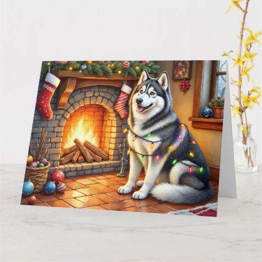 Alaskan Malamute Fireplace with Christmas Lights Kaart (Gele Bloem)