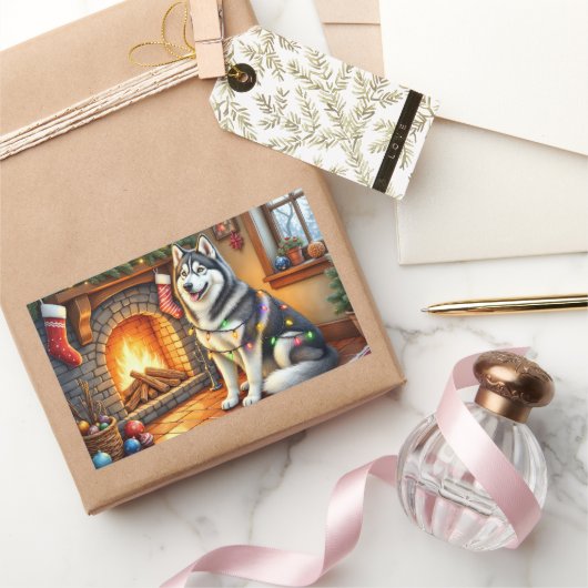 Alaskan Malamute Fireplace with Christmas Lights Rechthoekige Sticker (Geschenken)