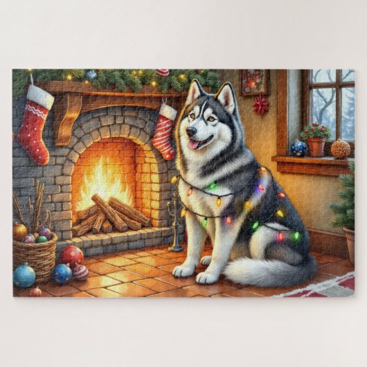 Alaskan Malamute Haard met Kerstverlichting Legpuzzel (Horizontaal)